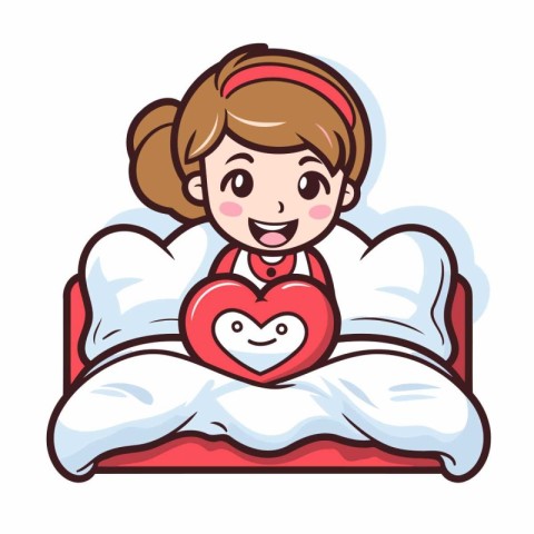 Cute little girl lying on bed and holding red heart. Vector illu