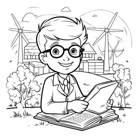 Black and White Cartoon Illustration of Teenage Boy Student Stud