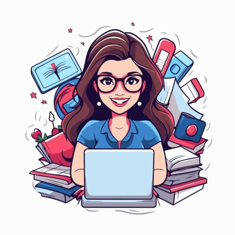 Vector illustration of a girl with glasses working on a laptop a