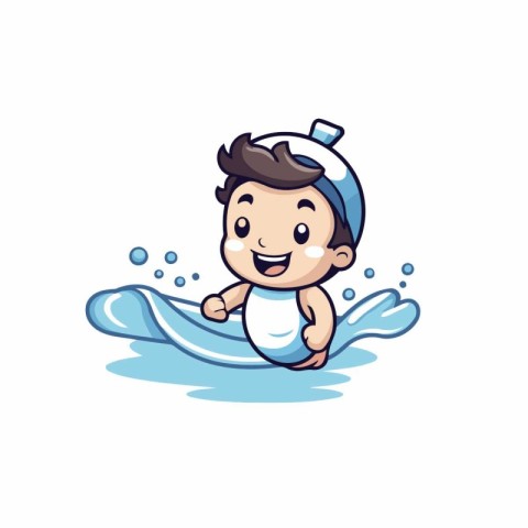 Cute little baby boy swimming in the pool. Vector illustration.