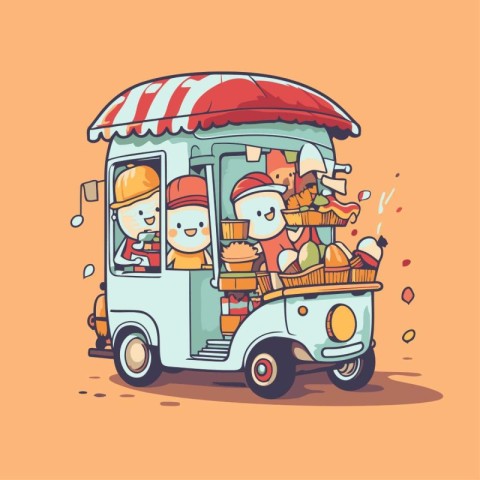 Cute cartoon ice cream truck with people. vector illustration on