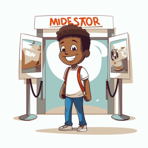 African american boy standing next to gas station. Vector illust