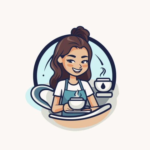 Coffee shop logo. Vector illustration of a young woman with a cu