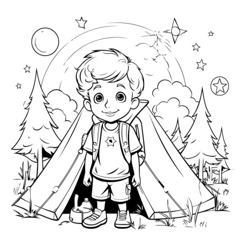 Boy scout standing in the forest. Black and white vector illustr