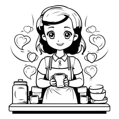 Girl barista with cup of coffee. Black and white vector illustra