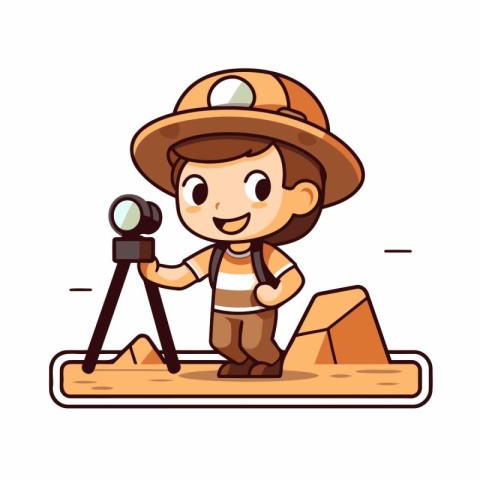 Cute little explorer boy with binoculars. cartoon vector illustr