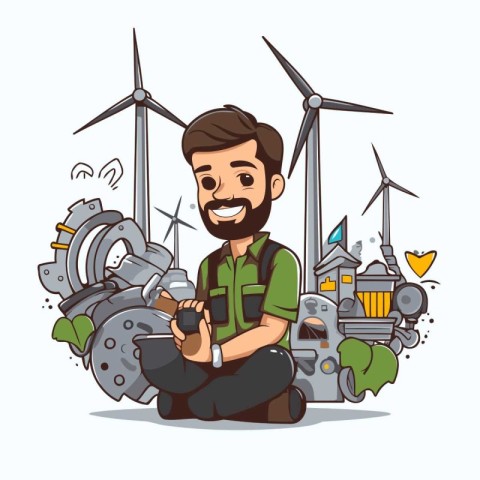 Electrician in front of wind turbines. Vector illustration in ca