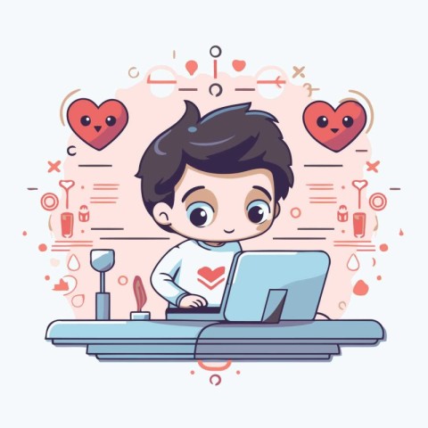 Cute little boy using laptop. Vector illustration in cartoon sty