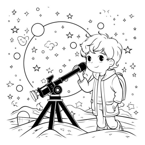 Boy looking through a telescope. Black and white vector illustra