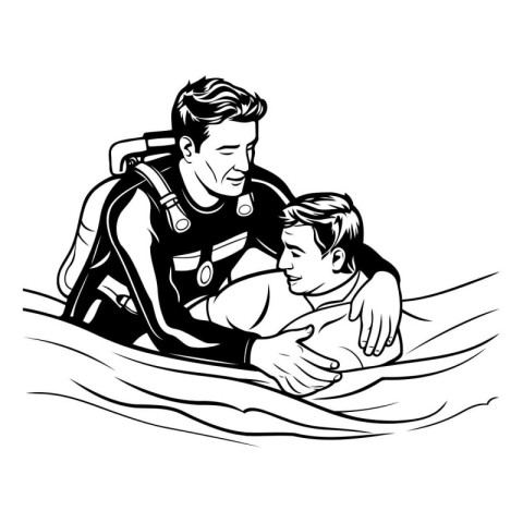 Illustration of a diver with his son swimming in the sea.