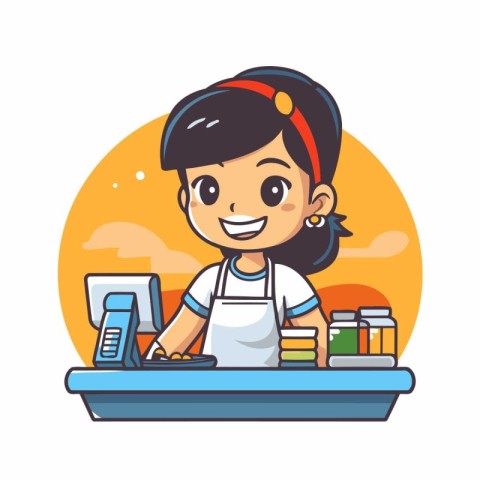 Cute little girl in apron at cash register. Vector illustration.