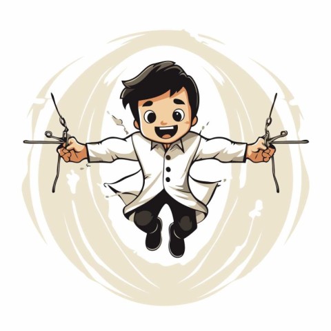 Vector illustration of a boy in a suit jumping with a bow and ar