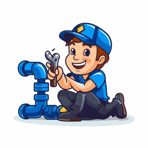 Plumber with wrench and pipe. Vector illustration in cartoon sty