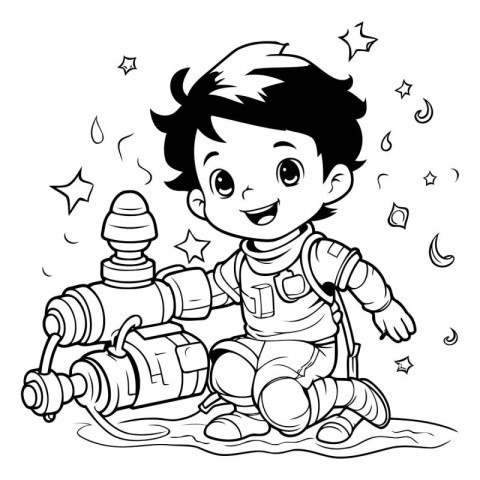 Black and White Cartoon Illustration of Cute Kid Boy Astronaut F