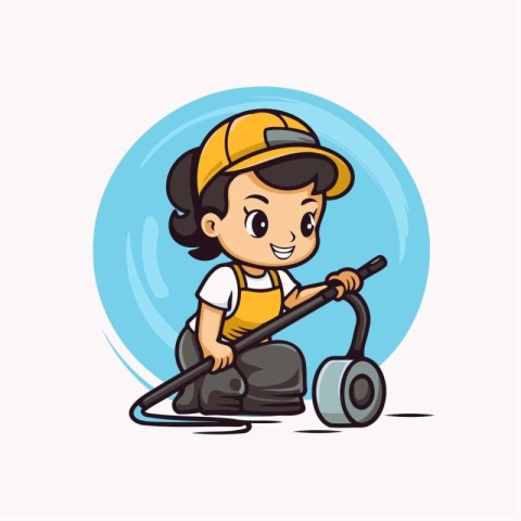 Cute little boy cleaning floor with vacuum cleaner cartoon vecto