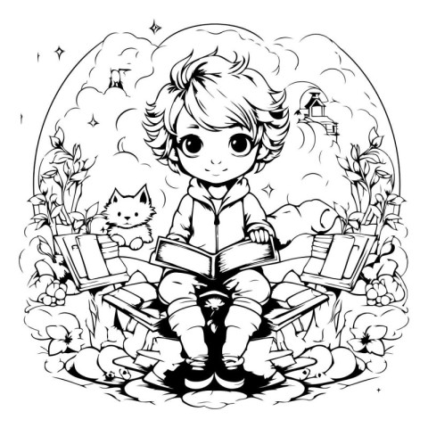 Black and white illustration of a little boy reading a book in t