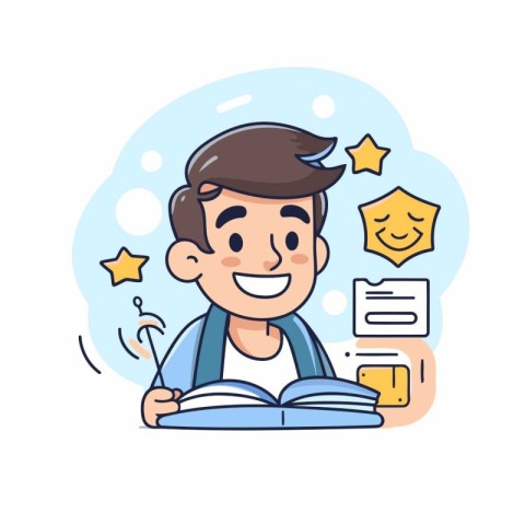 Vector illustration of school boy reading book. Cute cartoon cha