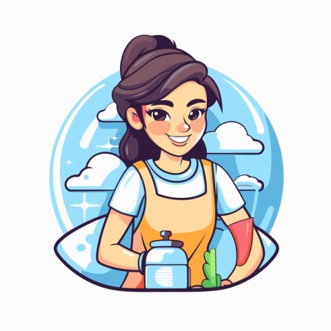 Vector illustration of a girl in apron with a water bottle.