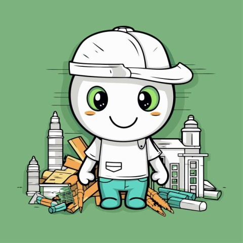 Cute Cartoon Architect Character with Construction Site. Vector