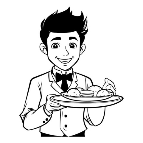 Handsome waiter with tray of food cartoon vector illustration gr