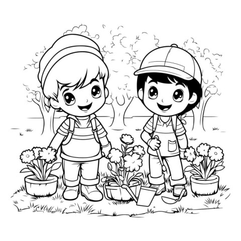 Outdoor gardening kids coloring page. Boy and girl planting flow