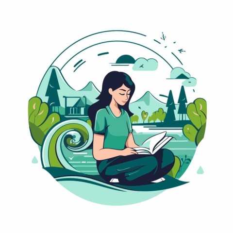 Girl reading a book in the park. Vector illustration in flat sty