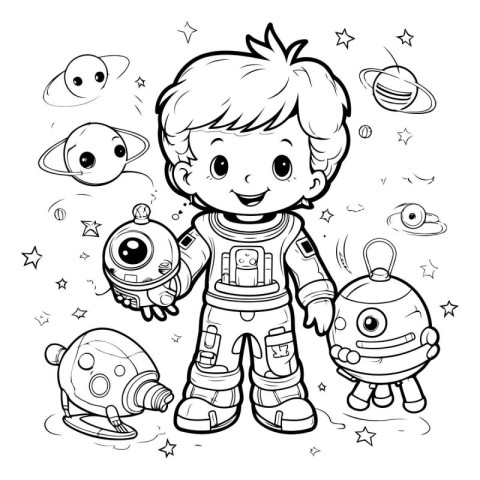 Cute little boy in space suit. Vector illustration for coloring