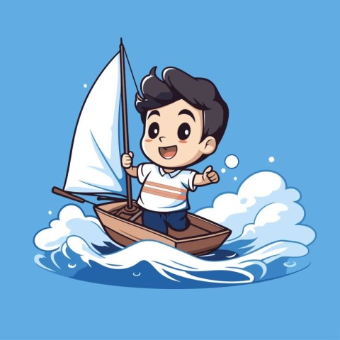 Cartoon boy sailing a boat on the sea. Vector illustration.