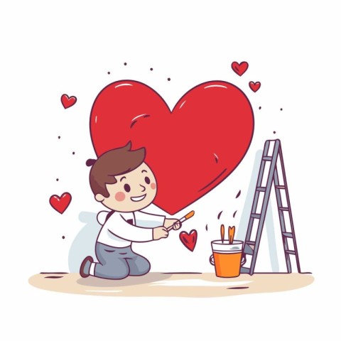 Boy painting a heart with paintbrush. valentine day vector illus