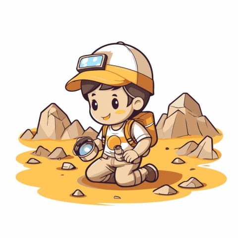 Cute little boy with binoculars in the desert. Vector illustrati