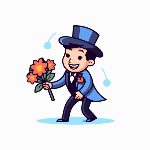 Gentleman with bouquet of flowers. Vector illustration in cartoo