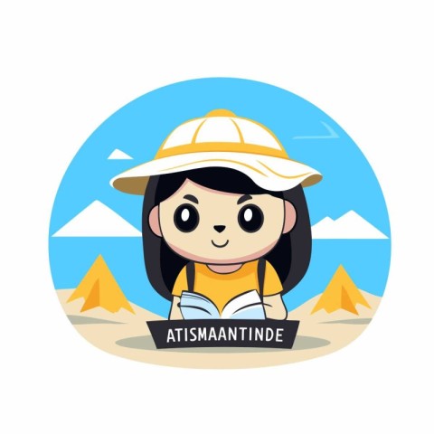 A girl in a hat on the background of the desert. Vector illustra