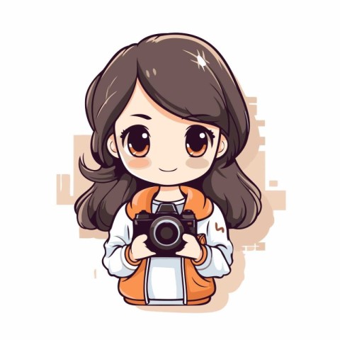 Cute little girl holding a camera and smiling. Vector illustrati