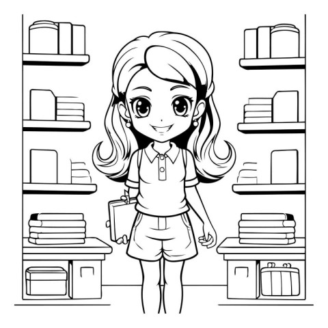 Black and White Cartoon Illustration of Schoolgirl with Books on