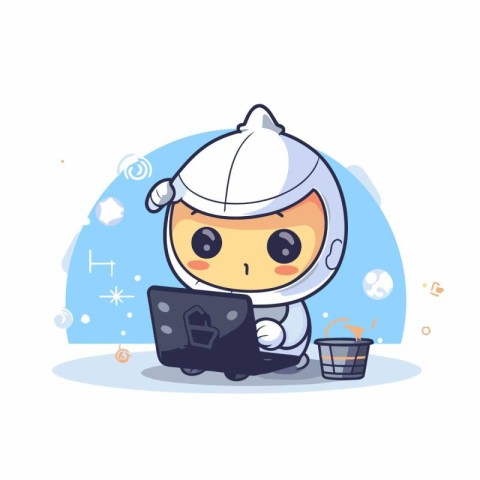 Cute little astronaut working on laptop. Vector flat cartoon ill