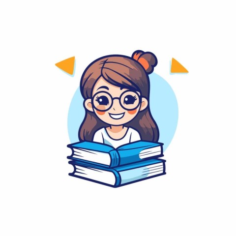 Cute girl with glasses and books. Vector illustration in cartoon