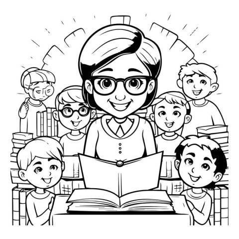 Teacher with students and books. Black and white vector illustra