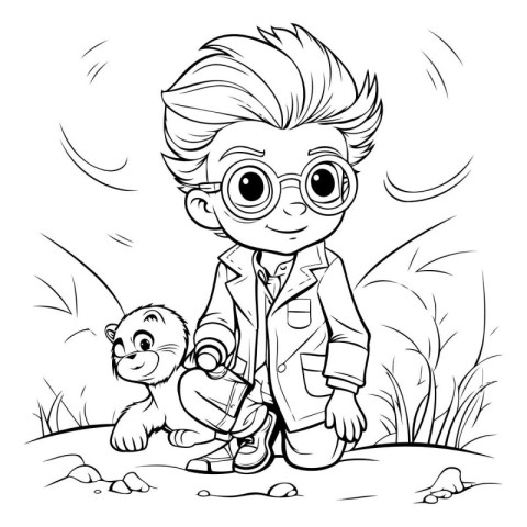 Boy with a dog. Vector illustration. Coloring book for children.