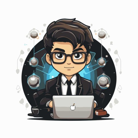 Businessman with laptop. Vector illustration in cartoon style on