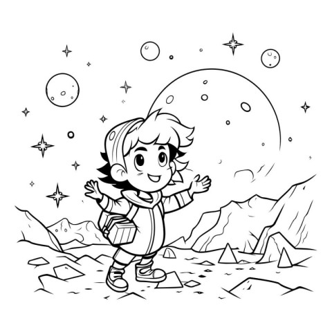 Black and White Cartoon Illustration of Cute Little Boy Hiking o