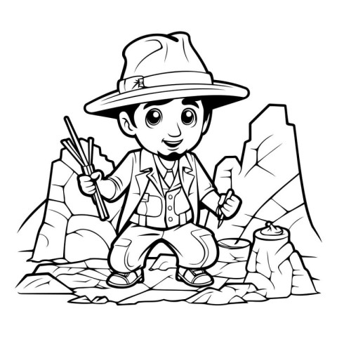 Black and White Cartoon Illustration of Kid Boy Scout or Explore