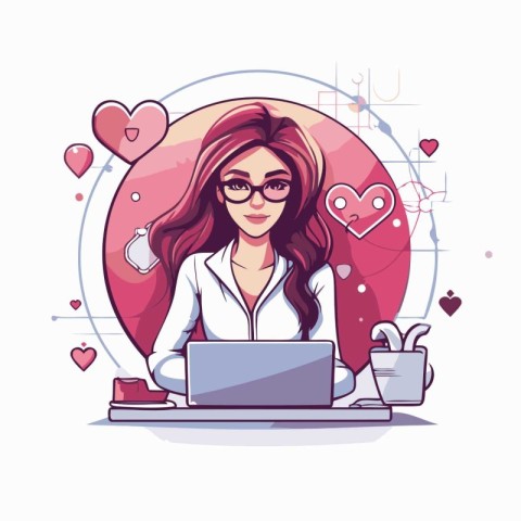 Young woman with laptop and hearts around her. Vector cartoon il