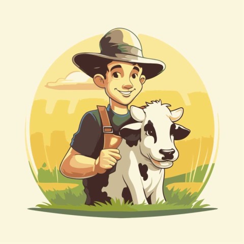 Farmer with a cow on the farm. Vector illustration in cartoon st