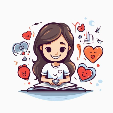 Cute little girl reading a book. Vector illustration of a cartoo