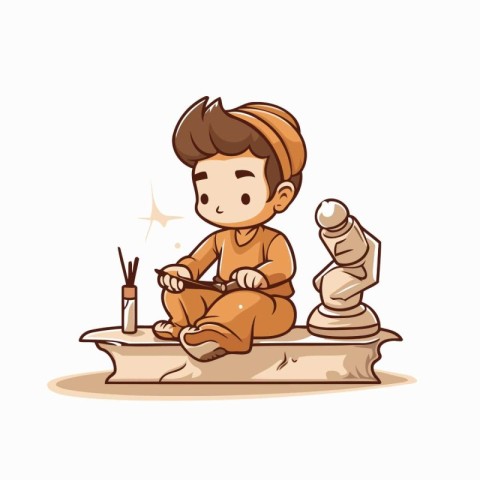 Cute little boy playing with a wooden toy. Vector illustration.