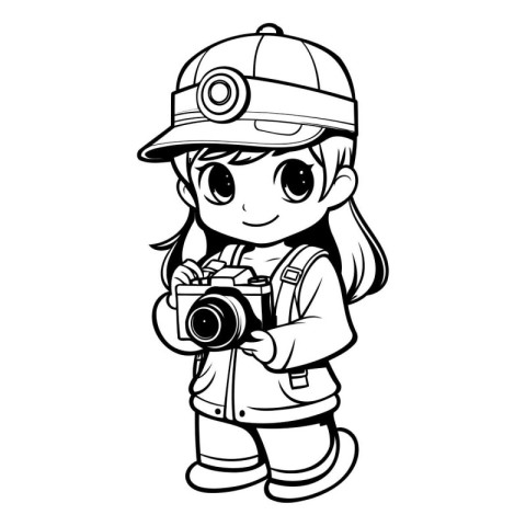 Cute little girl in firefighter uniform with camera. Vector illu