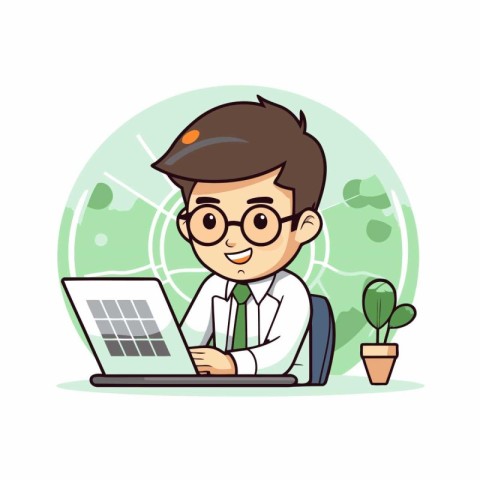 Businessman working on laptop computer. Vector illustration in c