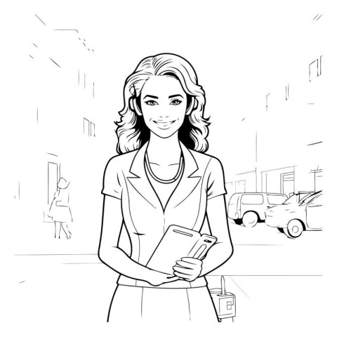 Beautiful business woman in the city. Black and white vector ill