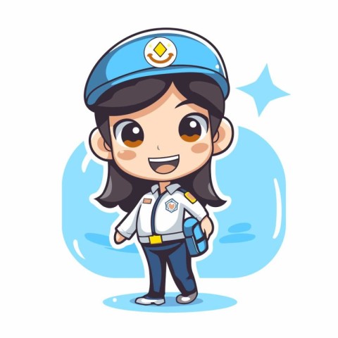 Cute little girl wearing police cap and uniform. Vector illustra