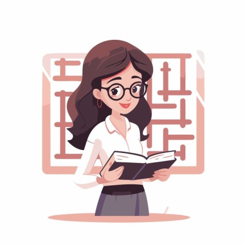 Businesswoman reading a book in the maze. Vector illustration in